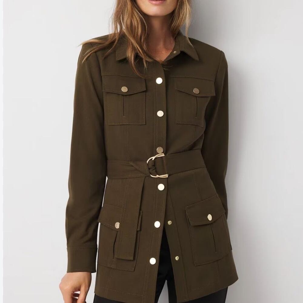NEW White House Black Market WHBM Green Twill Belted Utility Shacket Size 12